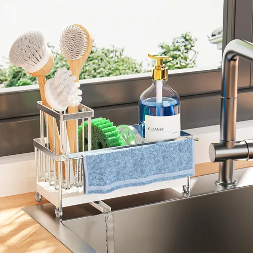 Miniatura 31 de Cisily Soporte de esponja negro extra grande para fregadero de cocina, organizador de fregadero con soporte alto para cepillos, organizadores