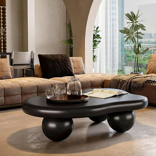 Miniatura 7 de Moderna mesa de centro de nube negra de 46 pulgadas con 3 patas de bola, mesa central ondulada irregular con diseño minimalista abstracto, pequeña