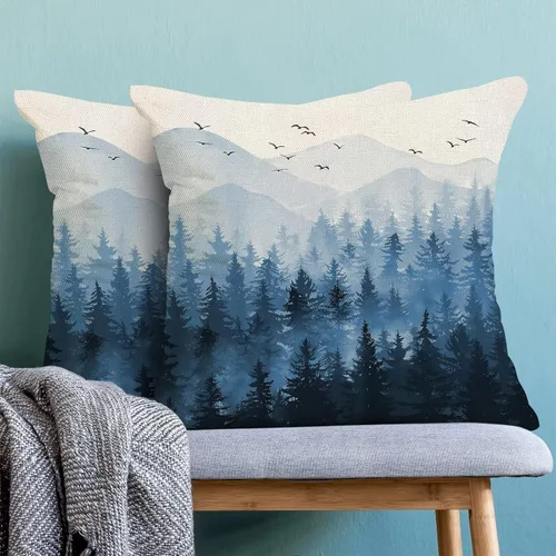 Miniatura 4 de Fundas de Almohada Navideñas 16 x 16 Pulgadas Juego de 2 Azul Marino Blanco Bosque Brumoso Fundas de Cojines Decorativos Exterior Casa Rural Lino