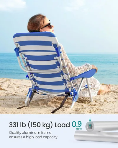 Miniatura 8 de SONGMICS Silla de playa portátil tipo mochila, capacidad de 331 libras, respaldo ajustable con 4 ángulos, 2 bolsillos laterales, toallero, azul