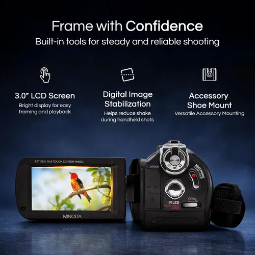 Miniatura 3 de Minolta Videocámara: 4K Ultra HD, fotos de 30 MP, visión nocturna con sensor IR, zoom 16X, antivibración, lapso de tiempo, detección facial, Azul