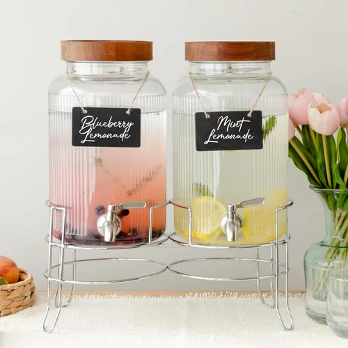 Miniatura 10 de Ilyapa Dispensador de bebidas de vidrio para fiestas - paquete de 3, dispensador triple de bebidas múltiples de 1 galón con soporte, tapas de madera