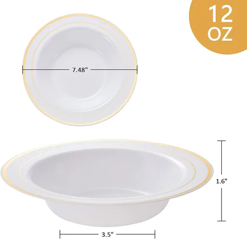 Miniatura 2 de N9R 30 cuencos de plástico desechables con borde dorado, cuencos de plástico blanco elegante de 12 onzas, cuencos de ensalada de postre de primera