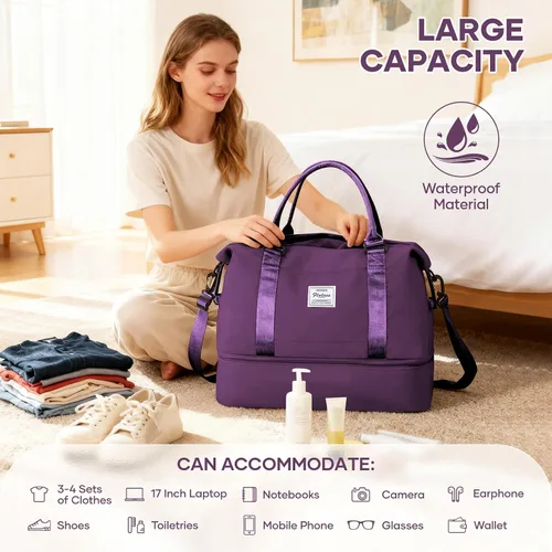 Miniatura 5 de VECAVE Bolsa de viaje para mujer, bolsa deportiva para gimnasio, E20-Púrpura profundo, Grande, Bolsa de viaje
