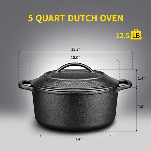 Miniatura 6 de EDGING CASTING - Olla holandesa de hierro fundido pretratado con tapa y asa doble, olla redonda para hornear pan de masa madre, capacidad de 5