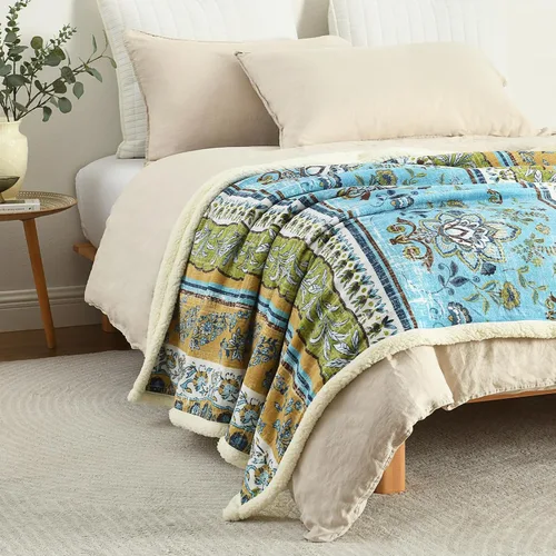Miniatura 6 de Manta de sherpa boho chic, estampado bohemio vibrante y forro ultrasuave acogedor, elegante y cálida manta de invierno para sofá, cama o decoración