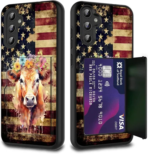 Miniatura 43 de Funda híbrida de doble capa con función atril para Samsung Galaxy A16 5G de 6.9 pulgadas, diseño de vaca con bandera estadounidense