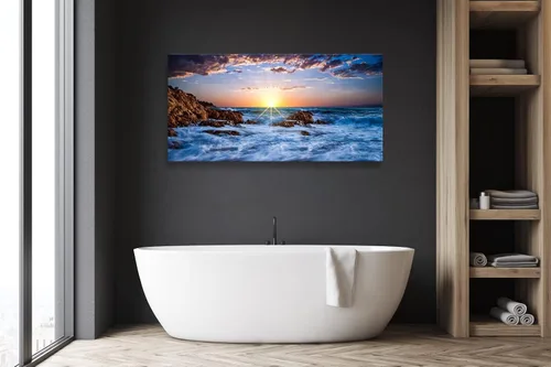 Miniatura 5 de Muolunna BK05850 - Lienzo decorativo para pared, diseño de océano azul, puesta de sol, 1 panel, olas de mar, pintura de paisaje, obra de arte