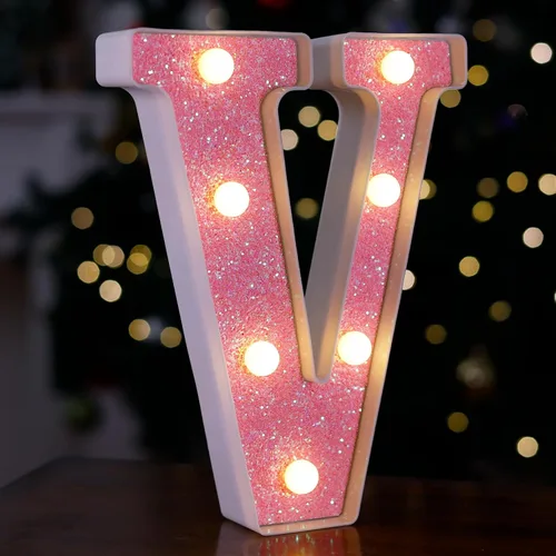 Miniatura 34 de Letras con luces LED, letras de marquesina con brillantina rosa, letras del alfabeto, letreros iluminados por pilas, para decoración de fiestas