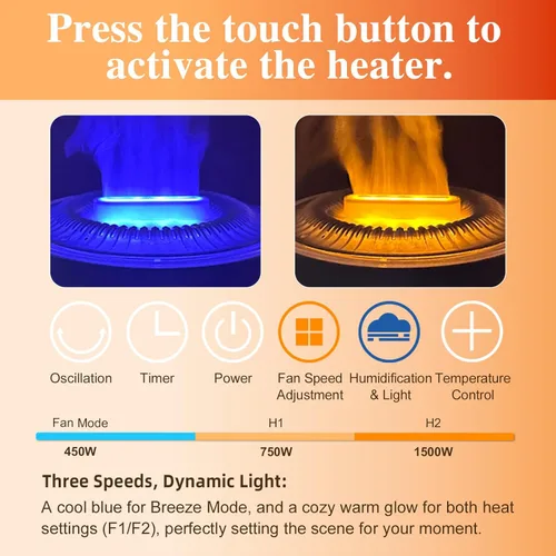 Miniatura 8 de Calentadores de espacio para uso en interiores, calentador de espacio con humidificador, 750 W/1500 W, calentador oscilante, con vuelco