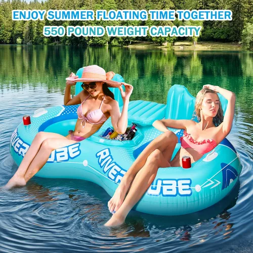 Miniatura 7 de Flotador inflable de tubo de río, flotador de piscina resistente para 2 personas con enfriador integrado, respaldo ergonómico y portavasos