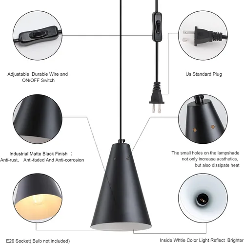 Miniatura 5 de Lámpara colgante negra enchufable, luces colgantes con interruptor de encendido/apagado de cable de enchufe, mini luces colgantes para isla
