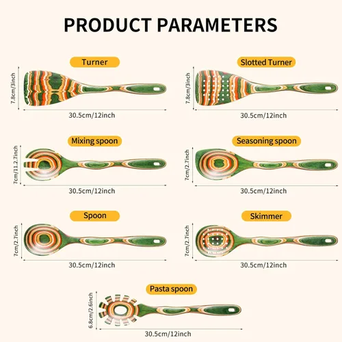Miniatura 2 de Juego de 7 utensilios de cocina de madera de Pakkawood para cocinar, cucharas de madera para cocinar, seguro, ecológico, antiadherente, utensilios