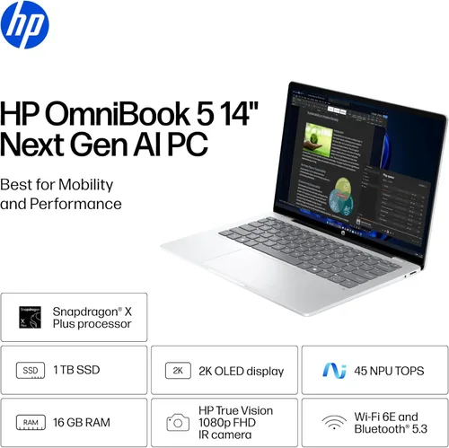 Miniatura 2 de HP OmniBook 5 PC AI de próxima generación de 14 pulgadas, pantalla OLED, Snapdragon X Plus X1P-42-100, 16 GB de RAM, SSD de 1 TB, GPU Qualcomm