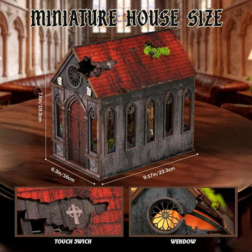 Miniatura 2 de Kit miniatura de la catedral perdida – Kit de casa en miniatura para adultos, adolescentes, casa de muñecas, estantería de libros con luz LED