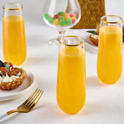 Miniatura 6 de FOCUSLINE Paquete de 24 copas de champán de plástico sin pie de 9 onzas con borde dorado, vasos de champán transparentes, irrompibles, desechables