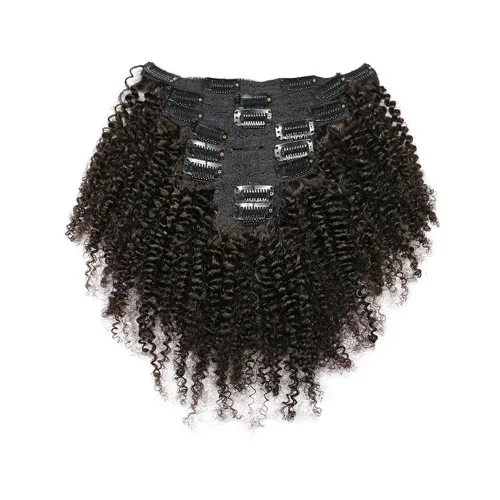 MEIEM Extensiones de cabello rizado afro 4B 4C con clip, cabello virgen brasileño Remy, color natural, 4.23 onzas, 8 unidades por juego (10