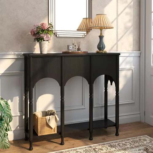 Miniatura 5 de Mesa consola de 40 pulgadas con estante de almacenamiento, mesa de entrada retro de 2 niveles, mesa de sofá de madera con patas de estilo romano