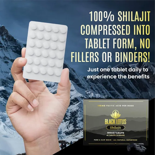Miniatura 5 de Black Lotus Shilajit Tabletas de resina, 60 unidades, 200 mg cada uno, 100% Shilajit natural puro para hombres y mujeres con aminoácidos, 140 mg