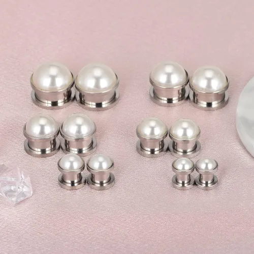 Miniatura 3 de Qmcandy 2 unidades de túneles de oreja de perlas de acero inoxidable, doble acampanada, tapones de tornillo para perforación 2G-58 pulgadas