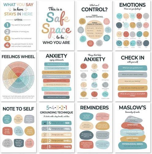 12 piezas de carteles de salud mental, decoración de oficina de terapia, imprescindibles para oficina de consejería, suministros para consejeros