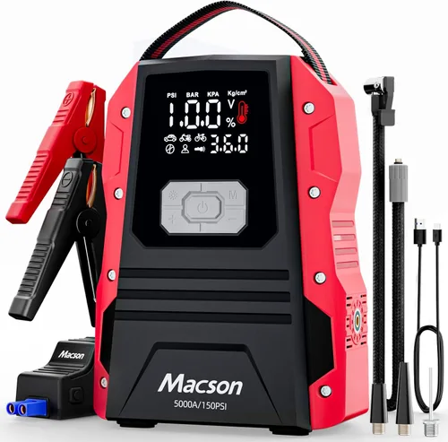 Arrancador de salto de 5000 A con compresor de aire, batería portátil de 12 V para motores diésel de 9.0 L/8.0 L, arrancador de coche portátil con