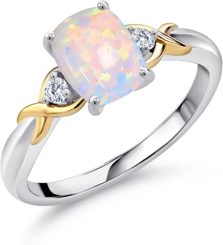 Miniatura 20 de Gem Stone King Anillo de compromiso de 3 piedras preciosas de plata 925 y oro amarillo de 10 quilates de 0.315 x 0.236 in de talla cojín y diamante