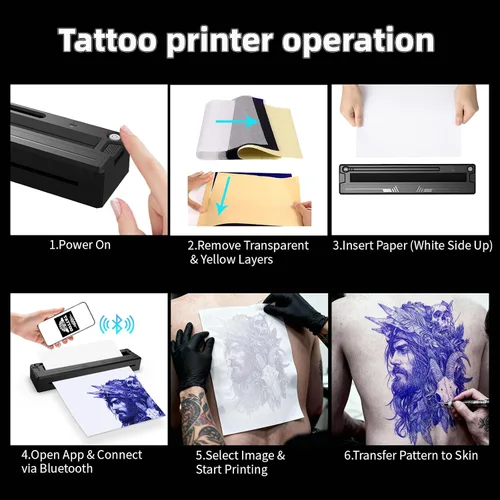 Miniatura 7 de Nueva impresora de plantillas de tatuajes, kit térmico inalámbrico Bluetooth con 10 papeles de transferencia, se adapta a papel térmico