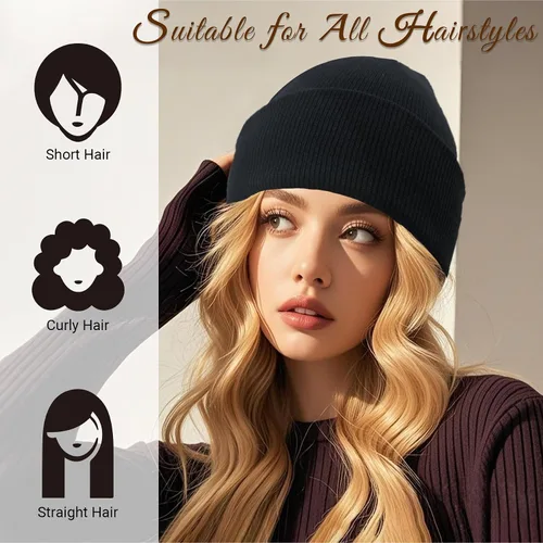 Miniatura 5 de NPQQUAN 2 PCS Satin Lined Beanie for Women Silk Lined Beanies Winter Warm Soft Lining Cuffed Knit Beanie Hats for Women