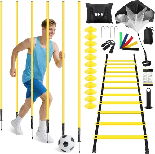 GHB Soccer Agility Training Equipment, 6 Agility Poles, 20ft Speed Ladder, 12 Disc Cones, Resistance Parachute, Jump Rope, 5 Resistance Bands,