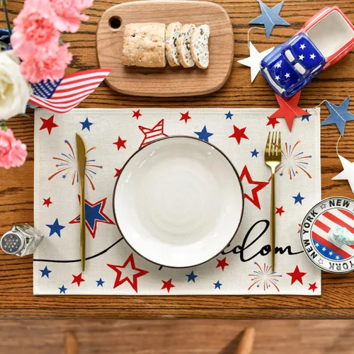 Miniatura 2 de Artoid Mode Juego de 4 manteles individuales Patriotic Freedom Stars del 4 de julio para mesa de comedor, 12 x 18 pulgadas, decoración del Día