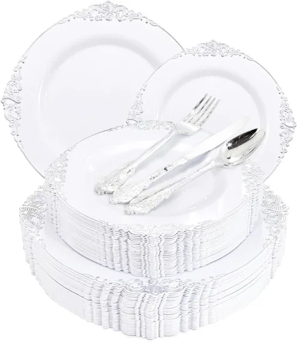 Miniatura 13 de Liacere - 150 platos de plástico plateado transparente y cubiertos desechables de plástico plateado con mango de bambú con purpurina - Platos