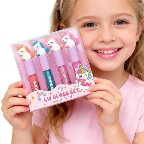 Miniatura 5 de M&U MAKE YOU UP 4 unidades de brillo de labios de unicornio para niñas, juego de labios brillantes para recuerdos de fiesta con decoración mágica