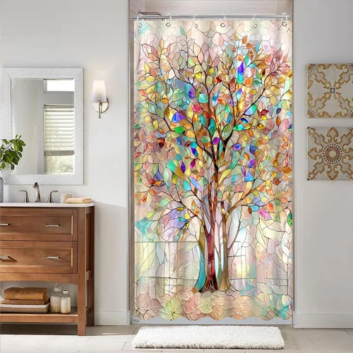 Miniatura 2 de Cortina de ducha con diseño de árbol de la vida, cortina de ducha de vidrio emplomado, cortinas de ducha artística para baño, juego de cortina