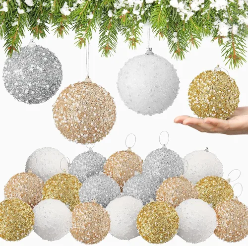 Miniatura 24 de Lyrow 24 piezas 3.15" Juego de adornos de bola de Navidad con purpurina, bola de espuma con lentejuelas colgante, decorativa, en masa, para árbol