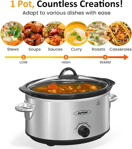 Miniatura 6 de Olla de cocción lenta de 4QT y calentador de alimentos mini con olla de cerámica extraíble, 3 ajustes de calor, tapa de vidrio apta para Plateado