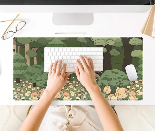 Miniatura 6 de Tapete de escritorio de bosque anime, lindo tapete de mouse verde, tapete de escritorio completo Kawaii estético XXL para juegos Mousemat XL