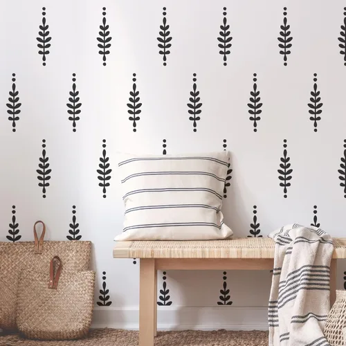 Calcomanías de pared de hojas de vinilo con diseño de una habitación con hojas de vinilo, para despegar y pegar, calcomanías de flores bohemias Negro