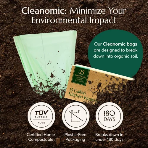 Miniatura 4 de Bolsas de basura compostables* Cleanomic con cordón (13 galones, 25 unidades, altas), certificadas BPI para compost de cocina