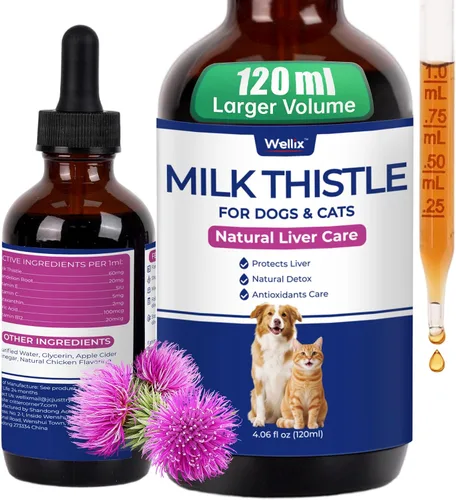 Wellix Cardo mariano de 4.1 fl oz para gatos y perros, fórmula avanzada con astaxantina para desintoxicación y antioxidante, suplemento de hígado de