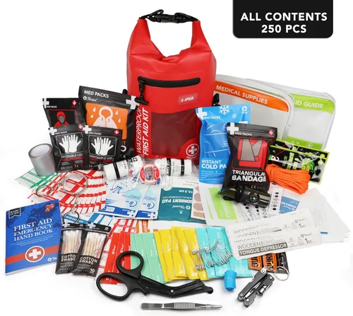 Miniatura 5 de Kit de primeros auxilios impermeable de 250 piezas, bolsa seca reflectante con tapa enrollable para barco, bolsas de emergencia, kit médico