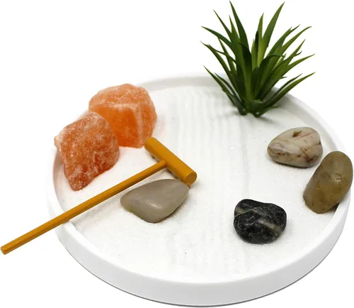 Miniatura 8 de Kit de jardín zen mini de Nature's Mark para escritorio con arena blanca, rastrillo, base blanca, roca de sal y planta aérea (hexágono)