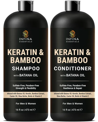 INFINA ESSENTIALS Set de champú y acondicionador de proteína de arroz, 16 onzas líquidas cada uno, con aceite de batana y ginseng, fórmula