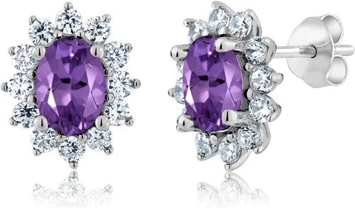 Miniatura 217 de Gem Stone King Aretes ovalados de plata de ley 925 de 0.276 x 0.197 in con piedra natal de la princesa Diana, estilo halo real para mujeres