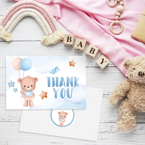 Miniatura 4 de AnyDesign Tarjetas de agradecimiento de oso para baby shower, paquete de 30 tarjetas de felicitación con globos de oso azul de dibujos animados