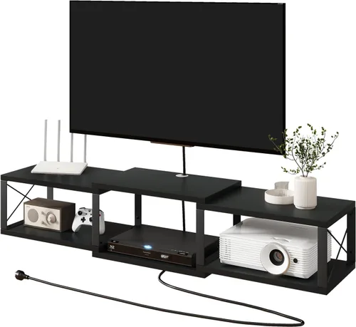 Miniatura 12 de IBUYKE Soporte flotante para TV montado en la pared con toma de corriente, moderno estante de consola de madera montado en la pared, centro