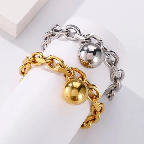 Miniatura 6 de Elefezar Pulsera de cadena gruesa de acero inoxidable con dijes de bola para mujer, accesorios de joyería