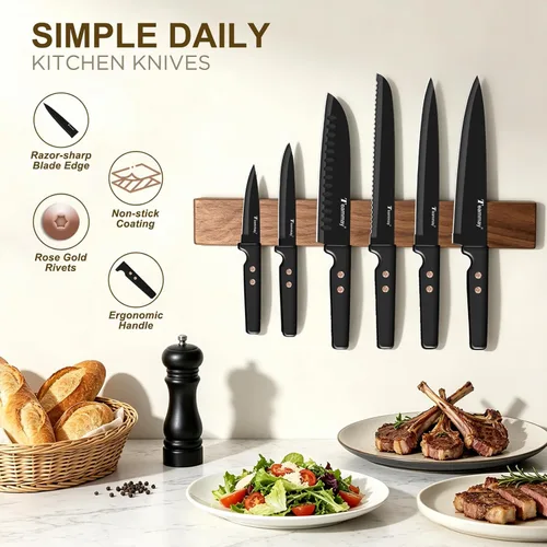 Miniatura 2 de Juego de cuchillos de cocina de 12 piezas, cuchillos de acero inoxidable con revestimiento antiadherente, apto para lavavajillas, juego de cuchillos