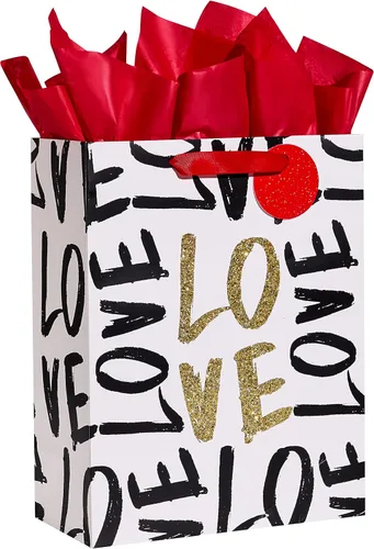 SUNCOLOR Bolsa de regalo grande para el día de San Valentín con papel de seda, diseño de amor negro y dorado, 13 x 10.2 x 4.7 pulgadas, para