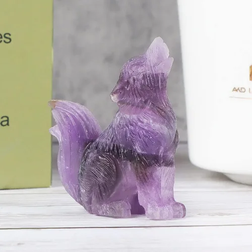 Miniatura 5 de Figura decorativa de lobo de cola grande de amatista de 2.0 pulgadas, piedras curativas, escultura tallada, adornos de lobo de cristal con caja